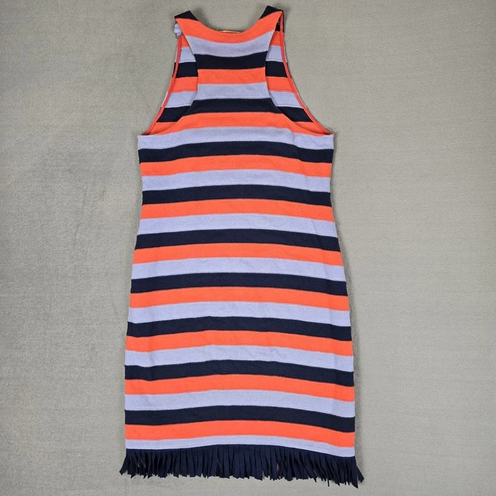 Tory‎ Burch Ariana Dress Womens Medium Orange Blue Striped Sleeveless Fringe